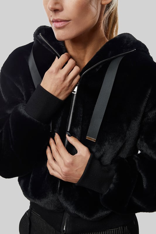 Black faux fur hooded bomber jacket hot sale