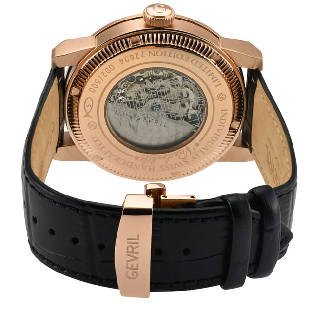 Gevril 22694 Men's Vanderbilt Swiss Automatic Watch
Gevril Men's Swiss Automatic Watch form the Vanderbilt Collection
47mm Round IPRG Case, Silver dial -Roman numeral indexes
Open Heart movement of front of dial, Gevril logo under 12 h
Push/Pull Crown, Limited Edition
Genuine Blue Handmade Italian Leather Strap with Deployment Buckle
Anti-reflective Sapphire Crystal
Water Resistant to 50 Meters/5ATM
Swiss Automatic Movement