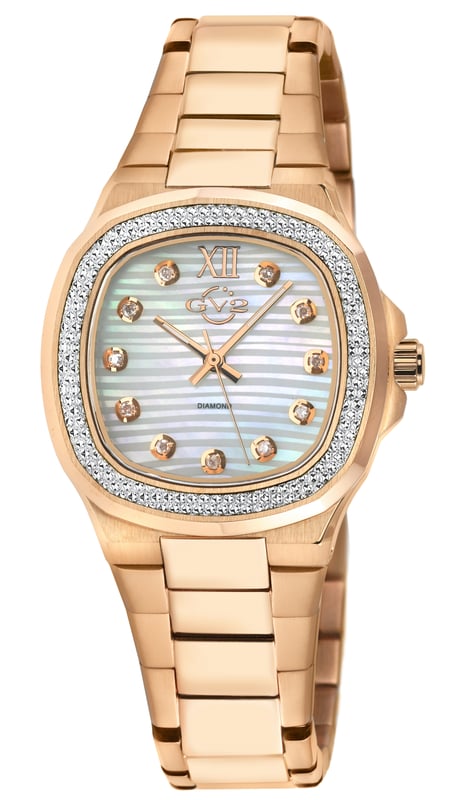 – meaning strong, powerful, solid – is a collection not for the faint of heart. With an allure that radiates the kind of power only a true lady can handle, Potente exudes undeniable strength and a divinely feminine touch.
Designed to capture the eye and command any room, the Potente Collection features an elegant mother of pearl pin cushioned textured dial surrounded by 18 brilliant diamonds, because out of great pressure
comes unmistakable beauty. The pin cushioned case and diamond cut bezel, each crafted with exemplary care, perfectly offset the classic bracelet with deployment buckle marrying ladylike and steel. With the
dynamism and stability of Swiss quartz movement, this watch is a tour de force.
The Potente Lady Collection is an unwavering masterpiece to behold. Don’t settle for anything less. Get noticed, be bold – Potente.
GV2 18202B Women's Potente Lady Swiss Diamond Watch
GV2 Women's Swiss Watch from the Potente Lady Collection
33mm 316L Stainless Steel/IPRG Pin Cushioned Case, Diamond cut Bezel
White MOP Pin Cushioned textured dial with 18 Diamonds
Push/Pull Crown
IP Rose Gold Bracelet With Deployment Buckle
Anti-reflective Sapphire Crystal
Water Resistant to 50 Meters/5ATM
Swiss Quartz Movement Ronda 763