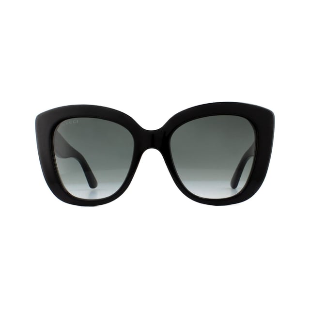 Gucci Sunglasses GG0327S 001 Black Grey Gradient are a bold acetate cat eye style for women. Embellished with the interlocking GG logo on each temple. These sunglasses are guaranteed to make a statement this summer!.