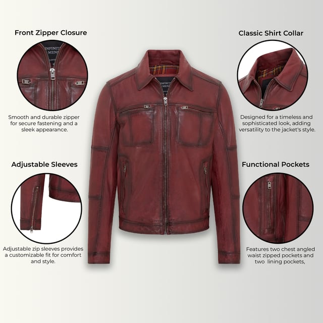 This Harrington biker jacket is a timeless classic, crafted from premium lamb leather with a vintage rub-off finish for a distinctive, worn-in look. Designed with functionality and style in mind, it features four outer zipped pockets and two internal pockets for practicality, along with a soft cotton lining for added comfort. The jacket’s sleek design, durable construction, and retro vibe make it an ideal choice for both casual outings and biker enthusiasts.

Premium lamb leather with a unique vintage rub-off finish.
Soft cotton lining for maximum comfort.
Four outer zipped pockets and two internal pockets for ample storage.
Classic Harrington collar for timeless style.
Durable front zip closure for easy wear.
Perfect for casual wear or adding a retro touch to your wardrobe.