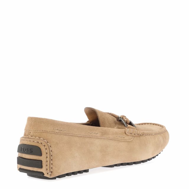Mens BOSS Driver Moccasin Shoes in beige.- Leather upper.- Soft suede construction.- Easy slip-on entry.- Rounded toes.- Classic moccasin stitching.- Metal 'BOSS' branded hardware.- Durable rubber outsole.- Ref: 50497209268
