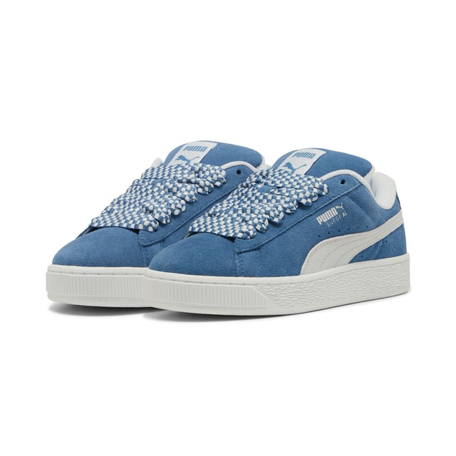 Zapatillas Puma Suede XL Lace para mujer, azules, fabricadas en ante y suela de goma. Presentan: parte superior de ante suave, cuello acolchado y cordones anchos.