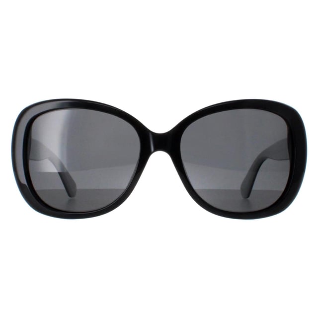 Kate Spade Buttefly Womens Black Ivory Grey Polarized Judyann/P/S  Sunglasses boast a chic butterfly frame, meticulously crafted from premium acetate to ensure both durability and lightweight comfort. The polarized lenses offer superior UV protection, shielding your eyes from harmful rays while reducing glare for enhanced clarity. The temples are adorned with the iconic Kate Spade logo, adding a signature touch of luxury and sophistication.
