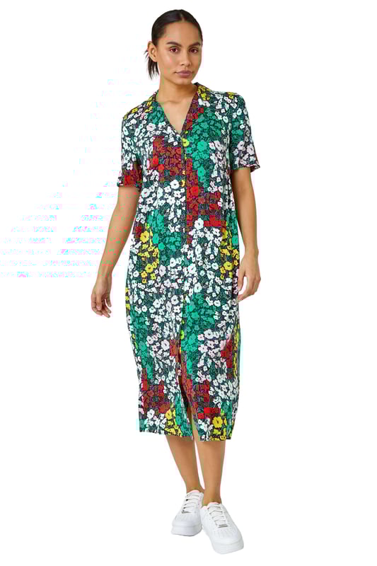 Ditsy Floral Midi Shirt Dress from Roman. We just can't get over this floral print woven dress, cut to a timeless silhouette its relaxed collared neckline and colourful hues give it a feminine and sophisticated feel. Made from a lightweight fabric, button down front with short sleeves, this style is perfect for summer and can be worn with a cropped denim jacket and sandals for the ultimate post-lockdown look.