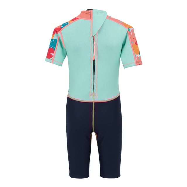 85% Neoprene, 15% Polyester. Design: Contrast Colour, Printed, Text, Tropical Leaves. Neckline: Adjustable, High Collar. Fastening: Back Zip, Pull-On. Flat Seams. Fabric Technology: Flexible, Lightweight, Quick Dry, UV Protection. Wetsuit Thickness: 2mm. Sun Rating: UPF 50+.