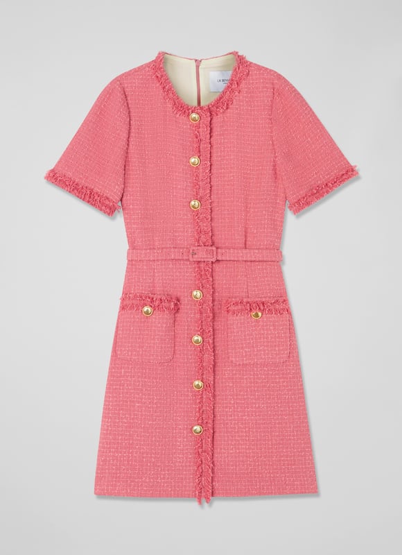 LK Bennett Allie Dresses, Blush The little tweed dress is a wardrobe classic, it will never fall out of style. Our new Allie dress is crafted in Europe from dark pink Italian tweed using recycled cotton, and is a short shift with a round neck, a raw edge trim, short sleeves, single-breasted hammered gold buttons, a fabric buckle belt and patch pockets on the skirt. Super chic and simple, wear it with stylish flat or a fun pair of platforms.