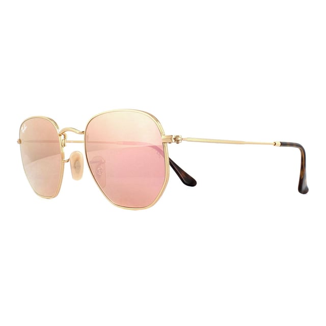 Ray-Ban Sunglasses Hexagonal 3548N 001/Z2 Gold Copper Flash Mirror are a very unique hexagonal shaped frame and feature the latest flat crystal lenses for a updated version of the classic metal round sunglasses. Super thin temples and coined profile to the frame finish the modern fashionable look..