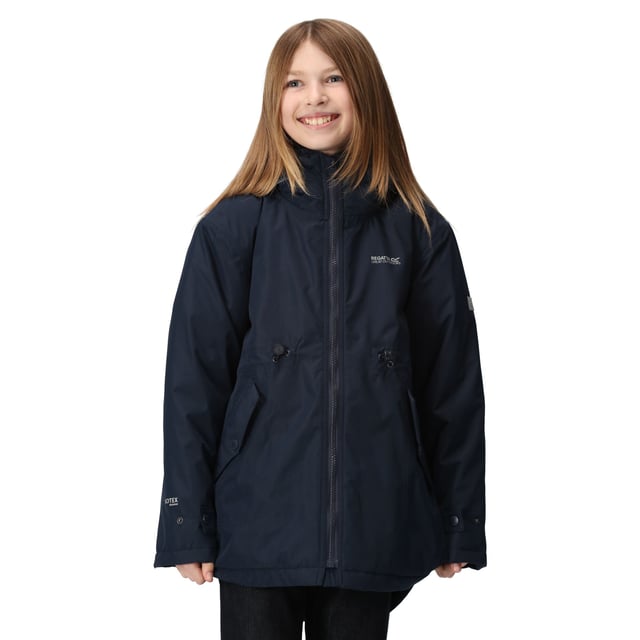 Regatta Childrens/Kids Violane Waterproof Ski Jacket (Navy) Material: 100% Recycled Polyester. Lining: Taffeta. Design: Logo, Sleeve Patches. Fabric Technology: Breathable, DWR Finish, Insulating, Isotex 5000, Reflective, Thermo-Guard, Waterproof, Windproof. 360 Degree Reflection, Taped Seams. Cuff: Adjustable, Snap Fastening. Neckline: Faux Fur Collar, Hooded. Sleeve-Type: Long-Sleeved. Hood Features: Adjustable, Elasticated, Grown On Hood. Pockets: 2 Lower Pockets, Flap Closure, Snap Fastening. Fastening: Full Zip. 5000g/m²/24hrs. Hem: Drawcord, Fishtail. Please Note: Printed Name Label up to Age 8. Sustainability: Made from Recycled Materials.