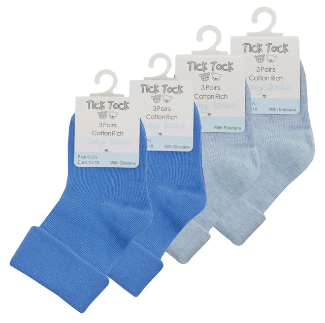 Are you tired of always having to worry about your baby's feet getting cold? With the Tick Tock Baby Turnover Socks, you can be sure that your little one will be comfortable and cosy all day long.These socks keep your child feeling fresh and comfortable throughout the day. You don't have to worry about fading, whether they're worn inside or outside. Made from 78% Cotton this fabric is durable, soft and moisture-wicking. It will also withstand repeat washing without shrinking or colour running.These socks are made with a stretchy turnover top band and a small percentage of elastane for a comfortable, secure fit. These socks make a fantastic gift idea for your son, brother, nephew, friend or anyone you love.They are fashionable and comfortable, making them perfect for a birthday, baby shower or Christmas. These plain baby socks are available in three colours: light blue, white and blue assorted, the fun colours are sure to please your little one. These socks are available in 3 colours and made from 78% Cotton, 20% Polyester, 2% Elastane. They come in 3 Baby Sizes: 0-0 Newborn, 0-2.5 Months and 2.5-3.5 Months. They are Machine Washable.