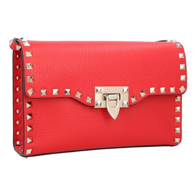 Simple in size and shape, this Rockstud small crossbody bag from Valentino will never go out of style. Made from grainy calfskin leather, it boasts platinum-finish studs and hardware, hook closure, an adjustable strap, cotton lining, and a flat open pocket. - Bag measures approximately 22.5cm x 15cm x 6cm.