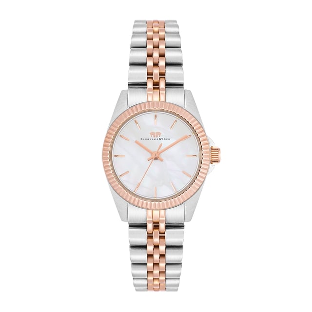 At your clock, do you value timeless optics in conjunction with the quality standards of the old watchmaker's craft? Then this women's model of the Rhodenwald & Sons label is the perfect choice. The clock manufacturer creates stylish and sustainable masterpieces for all generations: the timepiece scores with a tidy dial made of mother-of-pearl, simple barnice, obélisque quarrels and a grooved bezel. The satin-made bicolor stainless steel housing with partial gilding made of rose gold and a tuned link bracelet made of stainless steel fit perfectly into the design concept. A precise quartz clock, a screwed housing floor and water resistance up to 5 ATM complete the premium equipment.