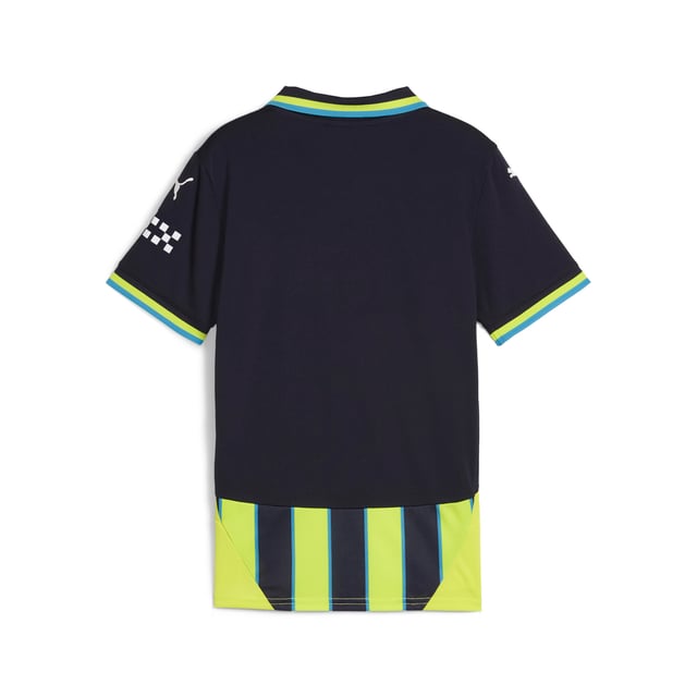 PRODUCT STORY : If Manchester City’s history has taught us anything, it’s that the comeback is always on. Take May 30th, 1999, when they overcame a two-goal deficit to win the Second Division play-off final versus Gillingham on penalties. Often seen as the turning point in City’s fortunes, this match has a special place in fan culture and so does the neon yellow and navy striped kit the team wore on the day. For the 25th anniversary, we’re bringing it back as a testament to the tenacity of the club and the fans that never, ever, ever give in. How’s that for a comeback? FEATURES & BENEFITS :  dryCELL: Performance technology designed to wick moisture from the body and keep you free of sweat during exercise.  DETAILS :  Regular fit. 170 gsm, Jacquard. Collar. Short sleeves. Official team branding. PUMA Youth: Recommended for older kids between 8 and 16 years.