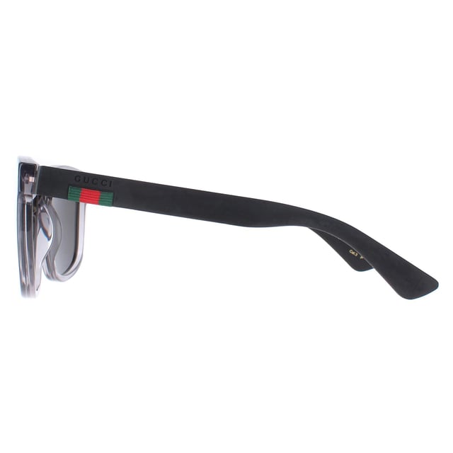 Gucci Rectangle Mens Transparent Grey and Black Grey Polarized GG0010S  Sunglasses are a sophisticated lightweight D-frame model with bi-chromatic styling. The frame is an easy to wear shape that suits the majority of face shapes and is completed by Gucci's distinctive red and green brand logo.