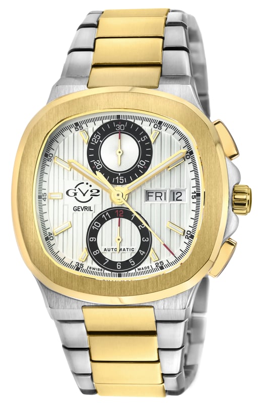 Reloj cronógrafo automático suizo GV2 Potente para hombre modelo 18503B

Reloj cronógrafo automático suizo para hombre de la colección Potente de GV2
Caja de acero inoxidable 316L de 40 mm, Esfera plateada con textura de cojín
Corona de empuje-tire, Subdiales con día y fecha a las 5
Manecillas y marcadores de horas luminosos
Brazalete de acero inoxidable bicolor SS IPYG satinado y pulido con hebilla de despliegue
Cristal de zafiro antirreflectante
Resistente al agua hasta los 50 metros/5ATM
Movimiento cronógrafo automático suizo ETA 7750