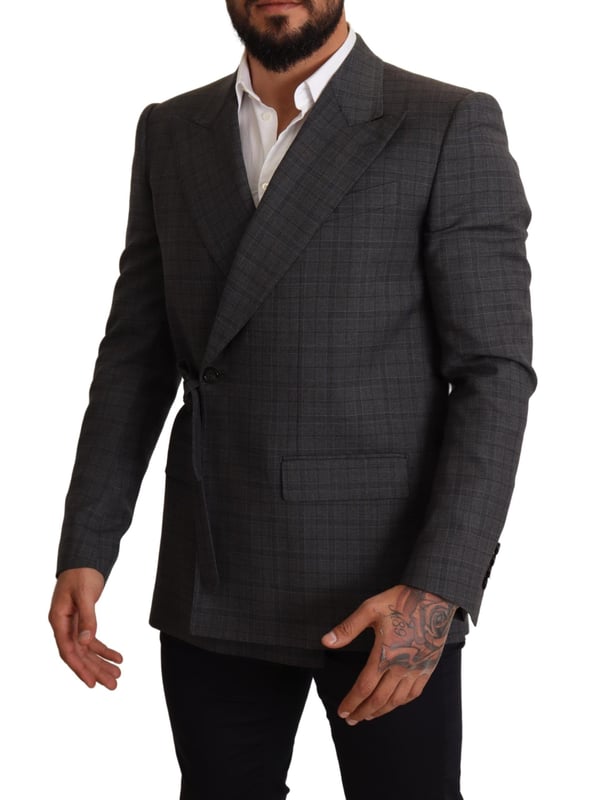 Brand: Dolce & Gabbana
  Model: MARTINI
  Style: Double breasted one button
  Fitting: Slim fit
  Color: Gray check
  Three outside pockets and two inside pockets
  One open vent in the back
  Logo details
  Made in Italy
  Material: 99% Wool 1% Elastane
  Lining: 100% Silk
Material: 99% Wool 1% Elastane
