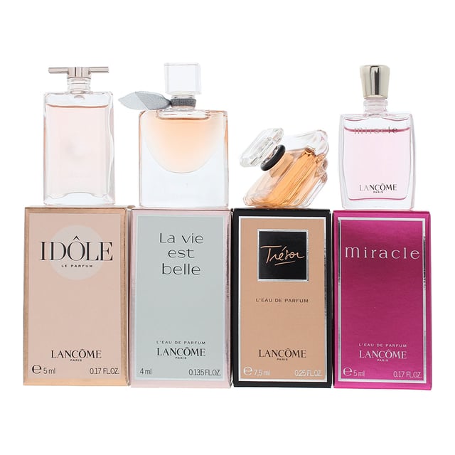 This fragrance collection from Lancome includes Idole Eau de Parfum 5ml (a chypre floral fragrance), La Vie Est Belle Eau de Parfum 5ml (a floral fruity gourmand fragrance), Tresor Eau de Parfum 7.5ml (a floral oriental fragrance) and Miracle Eau de Parfum 5ml (a floral fragrance).