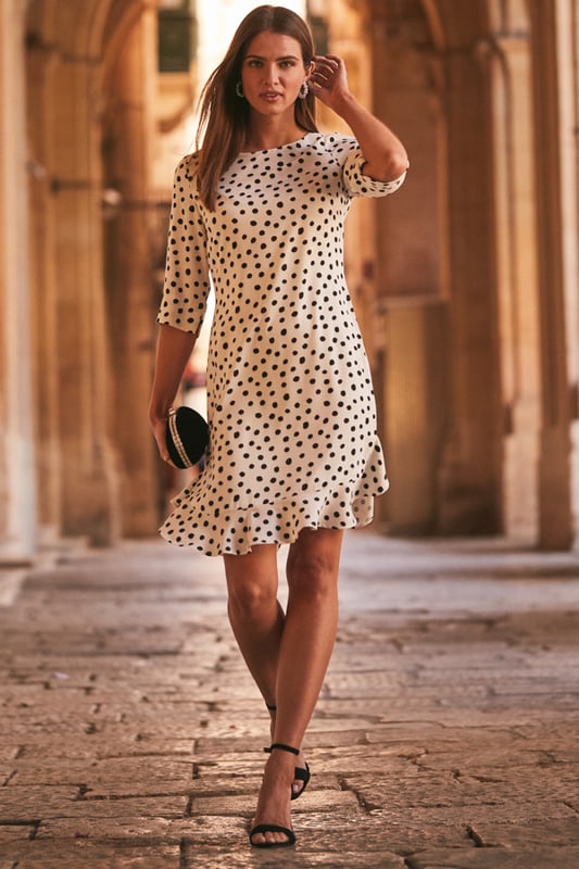 White Black Spot Print Ruffle Hem Shift Dress