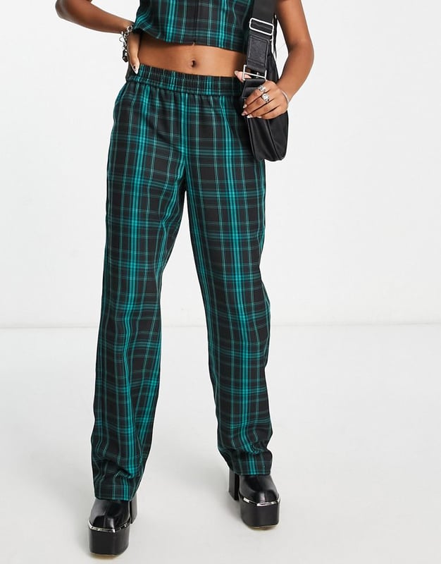 COLLUSION pull on tailored check trouser co ord in dark green