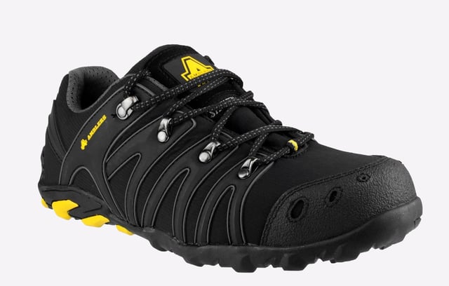 A trendy, lightweight safety shoe with a low profile outsole, water-repellent breathable upper, antistatic and penetration protection.
- Extra-light safety trainer with soft shell upper- Steel toe cap protection tested to 200 joules impact- Constructed with 3 robust D-ring lace holds- Non-metal midsole for underfoot penetration resistance- Rubber sole with front and rear bump stops- Conforms to EN ISO 20345:2011 safety footwear standards- Safety Footwear Category: S3- Toe protection tested to 200 joules impact with a non-metal midsole- Anti-static with heel energy absorption of 20 joules- Passes SRA slip resistance standards