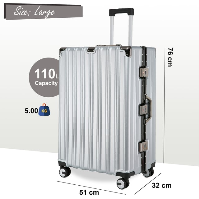 Entdecken Sie die perfekte Kombination aus Eleganz, Haltbarkeit und Komfort mit unseren robusten silbernen Hartschalenkoffern. Dieses Gepäckset mit atemberaubendem Finish ist für den modernen Reisenden gemacht und bietet Stärke und Eleganz für alle Ihre Reisen. Eigenschaften: Hochwertige Polycarbonatschale: Leicht und dennoch robust, bietet außergewöhnlichen Schutz vor Verschleiß. Verstärkter Aluminiumrahmen: Sorgt für Haltbarkeit und strukturelle Integrität und gewährleistet lang anhaltende Leistung. Zwei integrierte Schlösser: Sichern Sie Ihre Sachen mit zwei integrierten Kombinationsschlössern für mehr Sicherheit. 8 leichtgängige Doppelrollen: Bietet mühelose 360°-Manövrierfähigkeit, sodass die Navigation durch Flughäfen und belebte Straßen ein Kinderspiel wird. Ergonomischer Teleskopgriff: Entwickelt für bequeme Handhabung und Benutzerfreundlichkeit. Stilvolles Interieur: Vollständig gefüttert mit elastischen Riemen, Reißverschlussfächern und Netzteilern für geordnetes Packen. Verfügbare Größen und Spezifikationen: Kabine: Maße: 36 x 24 x 56 cm Gewicht: 2,70 kg Fassungsvermögen: 42 l Mittel: Maße: 43 x 28 x 65,5 cm Gewicht: 4,00 kg Fassungsvermögen: 70 l Groß: Maße: 51 x 32 x 76 cm Gewicht: 5,00 kg Fassungsvermögen: 110 l Das zeitlose Design sorgt für Eleganz und sorgt dafür, dass Ihr Gepäck leicht zu erkennen ist. Ob Sie mit leichtem Gepäck in der Kabinengröße reisen oder für eine lange Reise mit den mittleren und großen Koffern packen, dieses Set ist auf alle Ihre Reiseanforderungen zugeschnitten. – Hinweis: Bitte wählen Sie die gewünschte Größe. Größen werden einzeln und nicht in Sets verkauft.