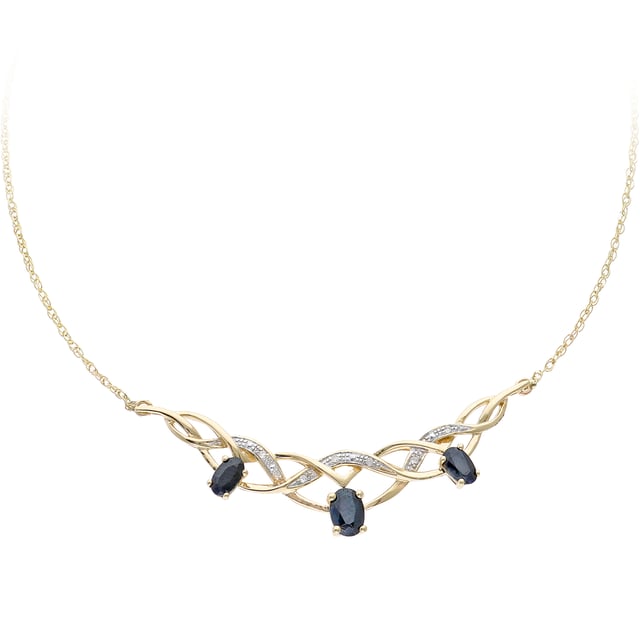9K (375) geel goud: 2,8 gram; # Diamant: 0,025 ct; # Saffier: 1,17 ct; # Afmeting: 4,7 cm x 1,04 cm