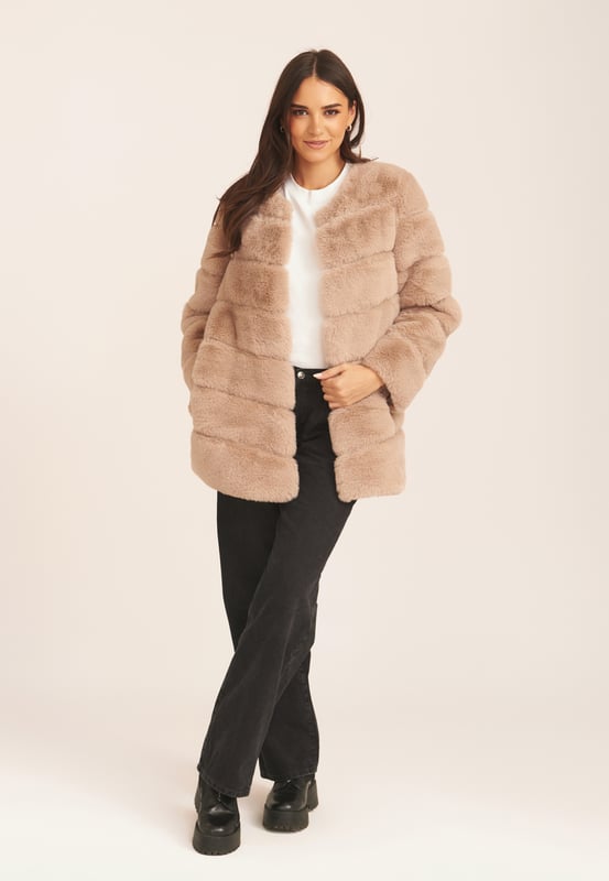 Faux fur coat clearance with leather sleeves