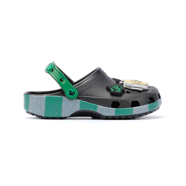 Inspired by Harry Potter’s Slytherin House scarf in green and grey, these Classic Clogs are lightweight, water-friendly, and buoyant. Featuring breathable ventilation ports and pivoting heel straps for a secure fit, they're perfect for fans seeking style and comfort. Customisable exclusive Slytherin-inspired Jibbitz™ charms.