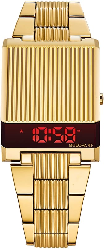 This Bulova Computron Digital Watch for Men is the perfect timepiece to wear or to gift. It's Gold  Rectangular case combined with the comfortable Gold Stainless steel watch band will ensure you enjoy this stunning timepiece without any compromise. Operated by a high quality Quartz movement and water resistant to 3 bars, your watch will keep ticking. Infusing some of Bulova’s most iconic and nostalgic timepieces with modern elements, the Archive Series continues with the digital LED Computron -The watch has a calendar function: Day-Date, Dual Time High quality 21 cm length and 22 mm width Gold Stainless steel strap with a Fold over with push button clasp Case measurement: 31x35 mm,case thickness: 13 mm, case colour: Gold and dial colour: Black
