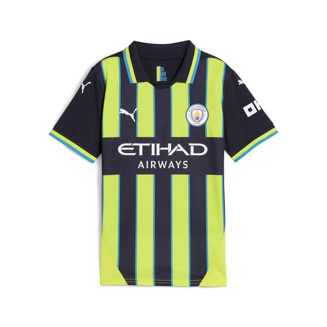 PRODUCT STORY : If Manchester City’s history has taught us anything, it’s that the comeback is always on. Take May 30th, 1999, when they overcame a two-goal deficit to win the Second Division play-off final versus Gillingham on penalties. Often seen as the turning point in City’s fortunes, this match has a special place in fan culture and so does the neon yellow and navy striped kit the team wore on the day. For the 25th anniversary, we’re bringing it back as a testament to the tenacity of the club and the fans that never, ever, ever give in. How’s that for a comeback? FEATURES & BENEFITS :  dryCELL: Performance technology designed to wick moisture from the body and keep you free of sweat during exercise.  DETAILS :  Regular fit. 170 gsm, Jacquard. Collar. Short sleeves. Official team branding. PUMA Youth: Recommended for older kids between 8 and 16 years.
