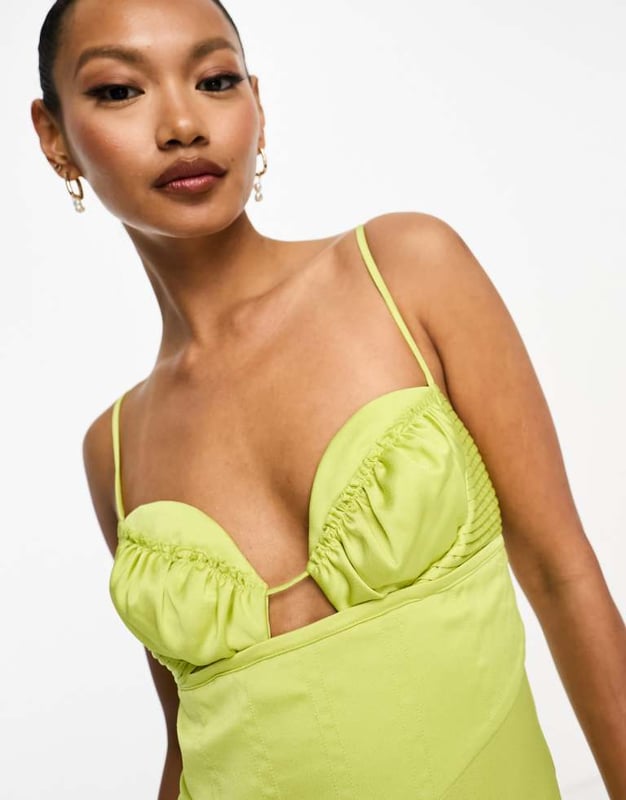 ASOS DESIGN satin corset detail plunge midi dress in lime green