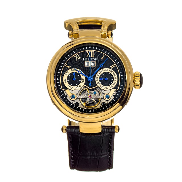 316L Surgical-Quality Stainless Steel Case; Jeweled Automatic Movement; Jewel Bearings: 35 Jewels; 36-Hour Power Reserve; Beats per Hour (BPH): 21600/Hour; Sapphire-Coated Mineral Crystal; Engraved Pattern Dial; Semi-Skeleton Dial; Observation Caseback to view Movement; Enamel Color-Tipped Crown; Unique Band Lug Design; Genuine Leather Crocodile-Embossed Strap; Logo-Engraved Stainless Steel Clasp; Day Sub-Dial; Dual Window Date Display; Month Sub-Dial; 44mm Diameter; 5 ATM Water Resistance;