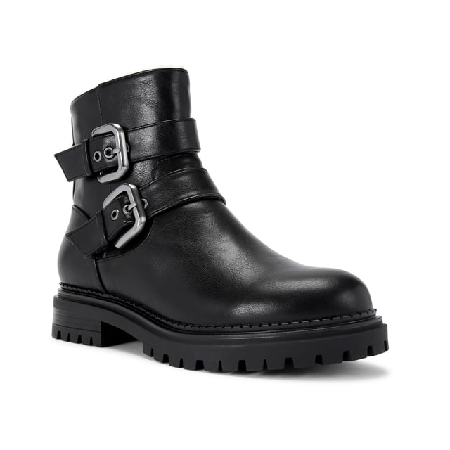 This Carvela Caution Biker boot arrives in black with two straps across the ankle that are fastened with chunky antiqued silver buckles. There is a bone faux fur lining.