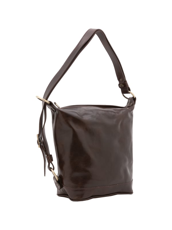 Damen-Beuteltasche mit Reißverschluss. eine mit Reißverschluss-Innentaschen. fehlende Außentaschen. verstellbarer Schultergurt aus Leder. fehlender Griff. ein Innenfach.  Außenmaterial. Innen mit Baumwolle gefüttert. Maße: 34x33x15 cm. Hergestellt in Italien