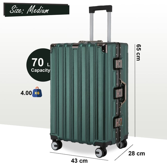 Discover the perfect blend of elegance, durability, and convenience with our Strong Hardshell Emeald Green Suitcases. Designed with a stunning finish, this luggage set is crafted for the modern traveler, offering strength and sophistication for all your journeys.

Features:
Premium Polycarbonate Shell: Lightweight yet tough, delivering exceptional protection against wear and tear.
Reinforced Aluminum Frame: Adds durability and structural integrity, ensuring long-lasting performance.
Dual Integrated Locks: Secure your belongings with two built-in combination locks for added peace of mind.
8 Smooth Dual Wheels: Provides effortless 360° maneuverability, making navigation through airports and busy streets a breeze.
Ergonomic Telescopic Handle: Designed for comfortable handling and ease of use.
Stylish Interior: Fully lined with elasticated straps, zippered compartments, and mesh dividers for organized packing.
Available Sizes and Specifications:
Cabin:
Dimensions: 36 x 24 x 56 cm
Weight: 2.70 kg
Capacity: 42L
Medium:
Dimensions: 43 x 28 x 65.5 cm
Weight: 4.00 kg
Capacity: 70L
Large:
Dimensions: 51 x 32 x 76 cm
Weight: 5.00 kg
Capacity: 110L
The timeless design ensures elegance while making your luggage easy to spot. Whether traveling light with the cabin size or packing for a long trip with the medium and large, this set is tailored to suit all your travel needs.

- Note: Please select preferred size. Sizes sold individually, not in sets.