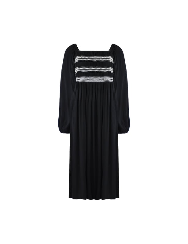 In classic black, this dress is cut from a soft, textured fabric thats so comfortable to wear. With elasticated shirring through the bodice in contrasting white, it has a flattering square-neck shape. Elastication around the neck and shoulder heads ensures comfort, while a cross-shoulder tie prevents the full-length sleeves from falling down. It has a stylish midaxi shape with a flowy skirt, making this the perfect warm weather piece.