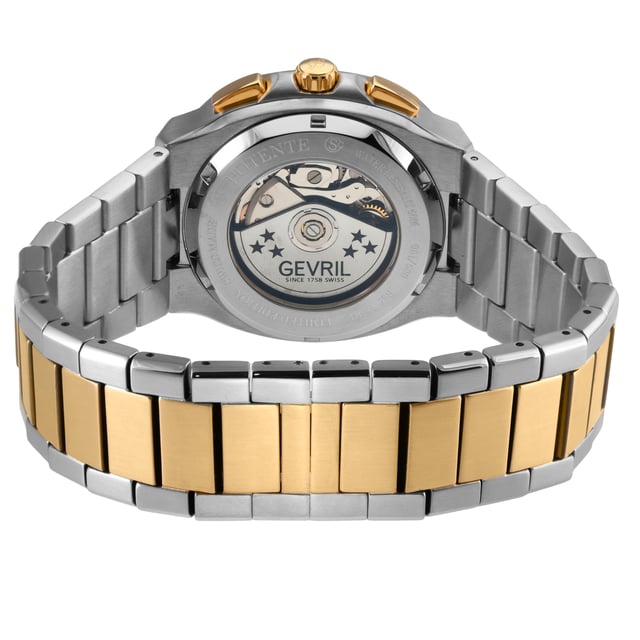 Reloj cronógrafo automático suizo GV2 Potente para hombre modelo 18503B

Reloj cronógrafo automático suizo para hombre de la colección Potente de GV2
Caja de acero inoxidable 316L de 40 mm, Esfera plateada con textura de cojín
Corona de empuje-tire, Subdiales con día y fecha a las 5
Manecillas y marcadores de horas luminosos
Brazalete de acero inoxidable bicolor SS IPYG satinado y pulido con hebilla de despliegue
Cristal de zafiro antirreflectante
Resistente al agua hasta los 50 metros/5ATM
Movimiento cronógrafo automático suizo ETA 7750