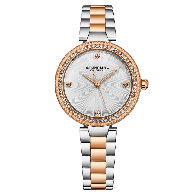 Women's Quartz Crystal Studded Rose Case , Silver Dial, Rose Hands and Markers Two Tone rose link bracelet Watch