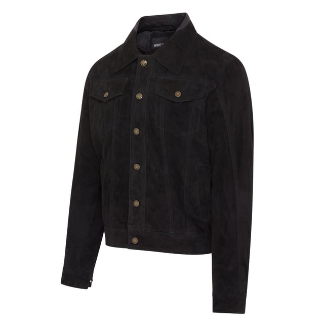 Introducing the Men's Trucker Casual Goat Suede Leather Shirt Jeans Jacket. This stylish, denim-inspired shirt is reimagined in the softest goat suede leather, offering a luxurious feel with a nod to 70's Americana. The slim-fit design makes a bold style statement, while the press button fastening, adjustable waistband, and cuffs add comfort and versatility. Perfect for pairing with your favorite jeans and boots, this retro jacket combines classic and contemporary effortlessly.

Slim fit for a modern silhouette
Press button fastening for easy wear
Adjustable waistband and cuffs for customized comfort
Soft goat suede leather for a luxurious feel
Inspired by 70's Americana for a timeless style