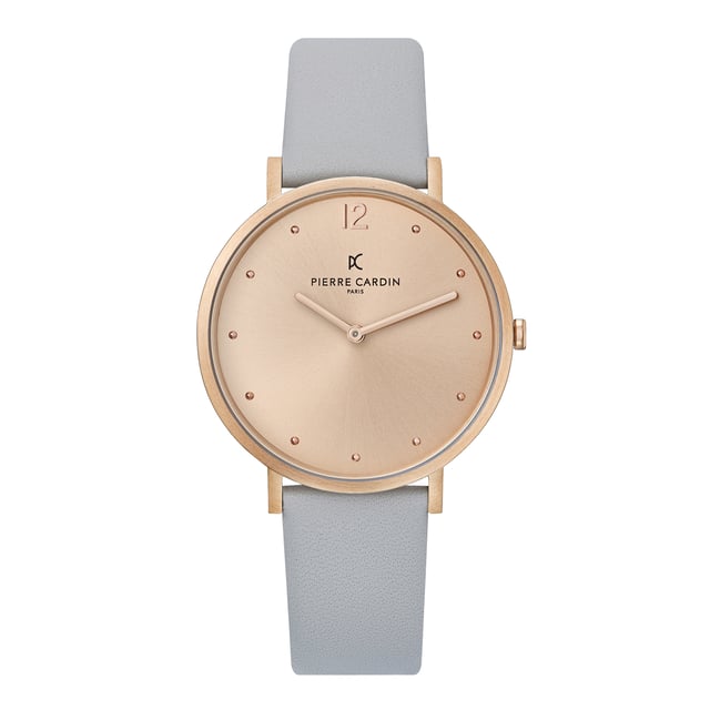 This Pierre Cardin Belleville Simplicity Analogue Watch for Women is the perfect timepiece to wear or to gift. It's Rose Gold 39 mm Round case combined with the comfortable Grey Leather watch band will ensure you enjoy this stunning timepiece without any compromise. Operated by a high quality Quartz movement and water resistant to 3 bars, your watch will keep ticking. Classic and charming  watch perfect for every occasion High quality 21 cm length and  18 mm width Grey Leather strap with a Buckle Case diameter: 39 mm,case thickness: 5.8 mm, case colour: Rose Gold and dial colour: Rose gold