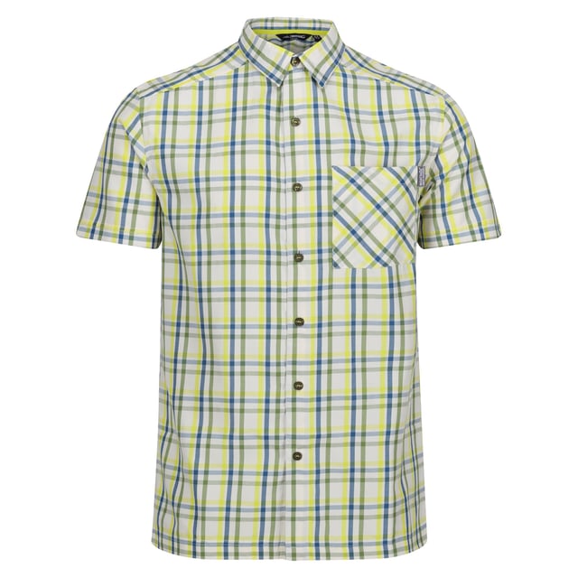 90% Polyester, 10% Viscose. Design: Checked, Contrast Detail. Pockets: 1 Chest Pocket. Fastening: Button-Down. Neckline: Collared. Sleeve-Type: Short-Sleeved. Fabric Technology: Durable, Moisture Wicking, Quick Dry. Sun Rating: UPF 30+. Woven Label.