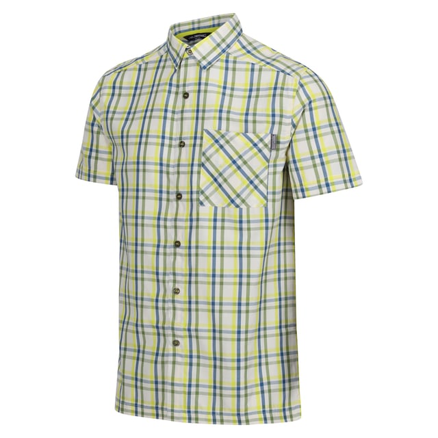 90% Polyester, 10% Viscose. Design: Checked, Contrast Detail. Pockets: 1 Chest Pocket. Fastening: Button-Down. Neckline: Collared. Sleeve-Type: Short-Sleeved. Fabric Technology: Durable, Moisture Wicking, Quick Dry. Sun Rating: UPF 30+. Woven Label.