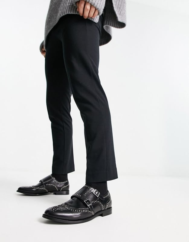 ASOS DESIGN double strap monk shoes with stud detail in black faux