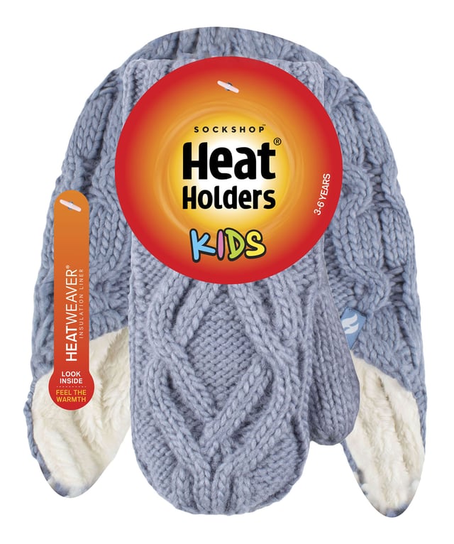 Introducing these cable cosy knitted-like design on hats and mittens for girls! For a much warmer and cosy feel, these Heat Holders matching set of hats and mittens include Heatweaver® insulation which is a plush fur-like thermal lining that maximizes the amount of warm air held close to the skin. Heat Holders use a specially developed thermal yarn provides high performance insulation against cold with superior moisture breathing abilities. Their stretchable construction contours around the natural shape of your body for improved fit, warmth and comfort. These hats feature an adorable pom pom detail on the top of the hat, and the end of the long ear flaps, further providing more warmth and comfort to your child's head. The mittens feature a cosy turn over cuff which enables you to adjust the cuff at the wrists. The cable knit design offers a Winter look which will complete any Winter ensemble! Whether you're looking to keep your daughter warm or look stylish, these cute hat and mittens will do just the job this Winter! Let your child play in snow whilst staying warm in these super soft winter collection. Stock up for the cold season with these lovely Heat Holders warm and mittens for your child. These hat and mittens come in 4 different colours of Frost Grey, Buttercream, Dusty Blue, and Dusky Pink. They are available in ages 3-6 years.
