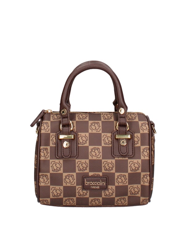 Handtasche mit Doppelgriff und Reißverschluss. Metalldetails und Nieten, um die Griffanhänge hervorzuheben. Frontpatch mit Schreiben. Orangenschale im Monogrammdruck mit Ton-auf-Ton-synthetischer Finish. Verstellbarer und abnehmbarer Schultergurt.