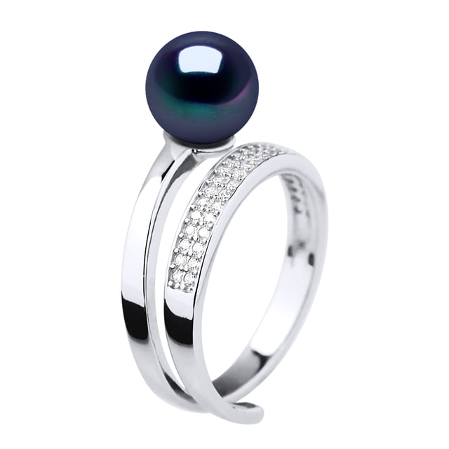 Ring Jewelry - Real Cultured Freshwater Pearl Round 8-9 mm - Jewelry Paving Cubic Zirconia Silver 925 Rhodium plated - COLOR "BLACK TAHITIAN STYLE" - Size adjustable from Size 48 to Size 62 - Delivered in box and with its Certificate of Authenticity and International Guarantee - MADE IN FRANCE