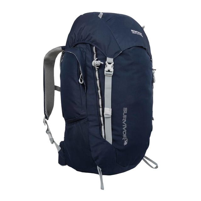 100% Polyester. Fabric: Ripstop. Height: 62cm. Width: 29cm. Length: 21cm. Denier: 600D. Fabric Technology: Abrasion Resistant, Breathable, Durable, Hardwearing, Tear-Resistant. Design: Contrast Detail, Logo, Reflective Detail, Text. Fastening: Adjustable Buckle, Flap. Adjustable Sliding Chest Harness, Air Mesh Back, Daisy Chain Webbing, Detachable Rain Cover, Grab Handle, Hydration Bladder Compatible, Internal Key Clip, Padded Adjustable Shoulder Straps, Padded Hip Belt, Walking Pole Holders, Zip Pullers. Compartments: 1 Main Compartment. Pockets: Mesh Pocket, Zipped Lid Pocket, 2 Side Pockets, Zip. Capacity: 45L.