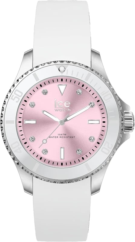 Diese Ice Watch Ice Steel - White Pastel Pink Analog Uhr für  Damen ist das perfekte Accessoire zum tragen oder verschenken. Ihr Silber 35 mm Rund Gehäuse kombiniert mit dem bequemen Weiß Armband aus  Silikon garantiert, dass Sie diese atemberaubende Uhr kompromisslos genießen werden. Angetrieben von einem hochwertigen Quarz Uhrwerk und wasserdicht bis 10 bars, läuft Ihre Uhr stets weiter. Diese Uhr mit einem superweichen Silikonarmband verleiht all Ihren Outfits einen Hauch von lebendigem Stil! Diese Analoguhr verfügt über eine Kalenderfunktion: Datum, leuchtende Zeiger und leuchtende Zahlen. Diese hochwertige Uhr hat ein Weiß Silikon Band ( 19 cm Länge und 16 mm Breite) mit einer Dornschließe Gehäusedurchmesser: 35 mm,Gehäuse Höhe: 11 mm, Gehäusefarbe: Silber, Zifferblattfarbe: Rosa