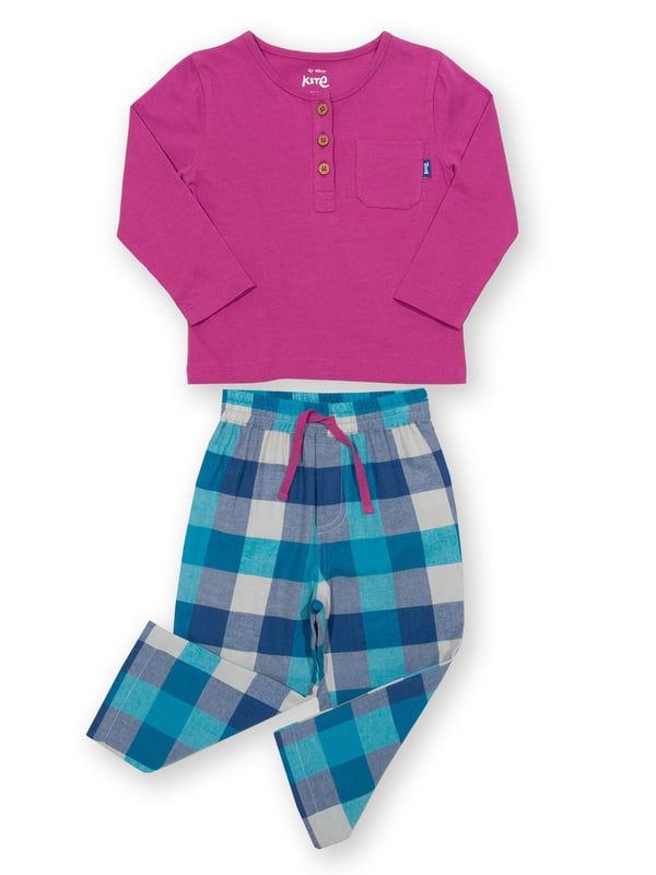 We're delighted to share these very special organic cotton pyjamas that will help your little one snooze in comfort and style. Offering the softest, single jersey grandad style top with coconut button details in this season's orchid pink, and Kite's super-soft tonal blue and cream brushed check trousers for next-to-skin comfort and kindness.