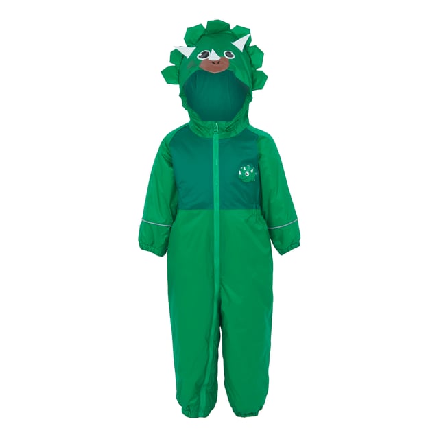 Regatta Childrens/Kids Mudplay III Dinosaur Waterproof Puddle Suit (Jelly Bean) 100% Polyester. Material: Polyester. Fabric: Isolite. Design: Dinosaur, Logo. Lining: Fleece. Trim: Reflective. Hem: Elasticated. Waistline: Elasticated. Cuff: Elasticated. Neckline: Hooded. Sleeve-Type: Long-Sleeved. Hood Features: Animal Ears, Grown On Hood. Breathable, Insulated, Taped Seams, Water Repellent, Waterproof. Fastening: Full Zip. 5000g/m²/24hrs. Weather Resistant.